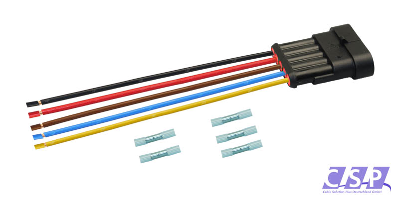 [33-0123] Superseal 5-polig konfektioniertes Stiftgehäuse, 250mm, Leitung H07V-K 1,50mm², Schrumpfverbinder