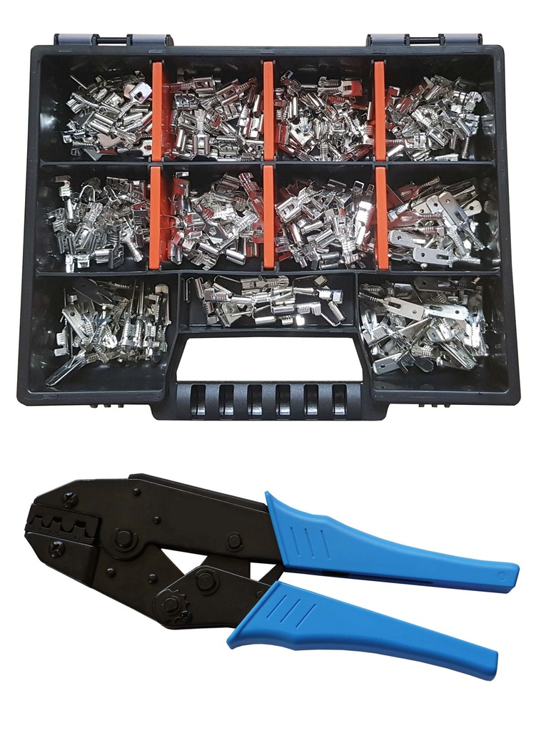 [33-0994-SK] Set Flachsteckhülsen/Flachsteckern 6,3x0,8 Crimpzange Kabelschuhe über 250 Teile