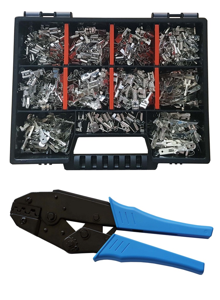 [33-0995-SK] Set Flachsteckhülsen/Flachsteckern 6,3x0,8 Crimpzange Kabelschuhe über 500 Teile