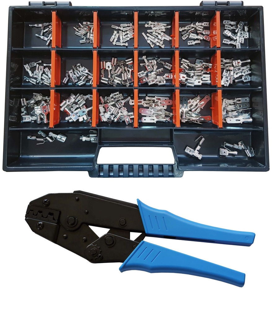 [33-0996-SK] Set Flachsteckhülsen/Flachstecker 2,8x0,8/4,8x0,8/6,3x0,8 Crimpzange 190 Teile