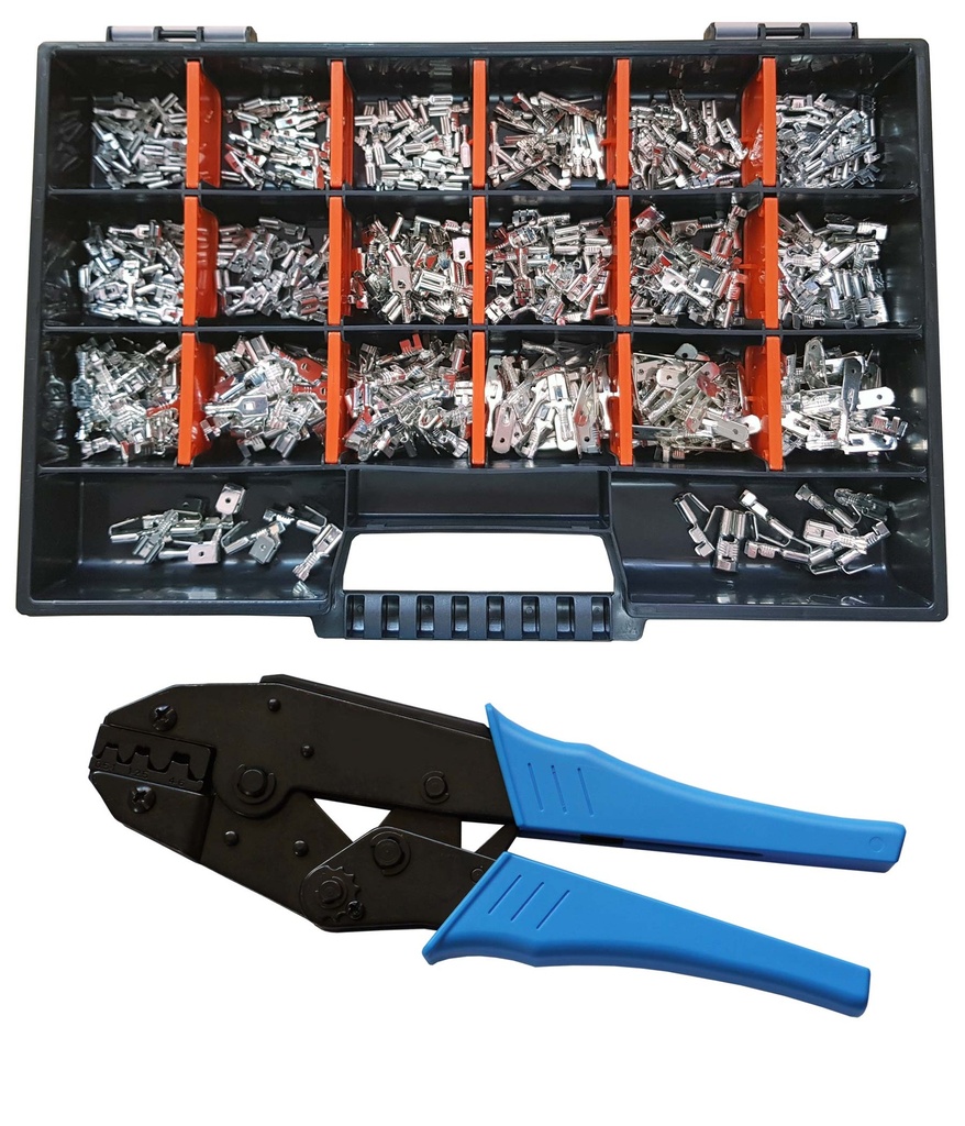 [33-0997-SK] Set Flachsteckhülsen/Flachstecker 2,8x0,8/4,8x0,8/6,3x0,8 Crimpzange 470 Teile