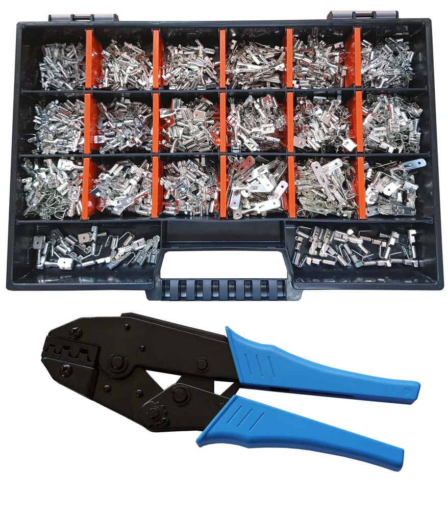 [33-0998-SK] Set Flachsteckhülsen/Flachstecker 2,8x0,8/4,8x0,8/6,3x0,8 Crimpzange 855 Teile