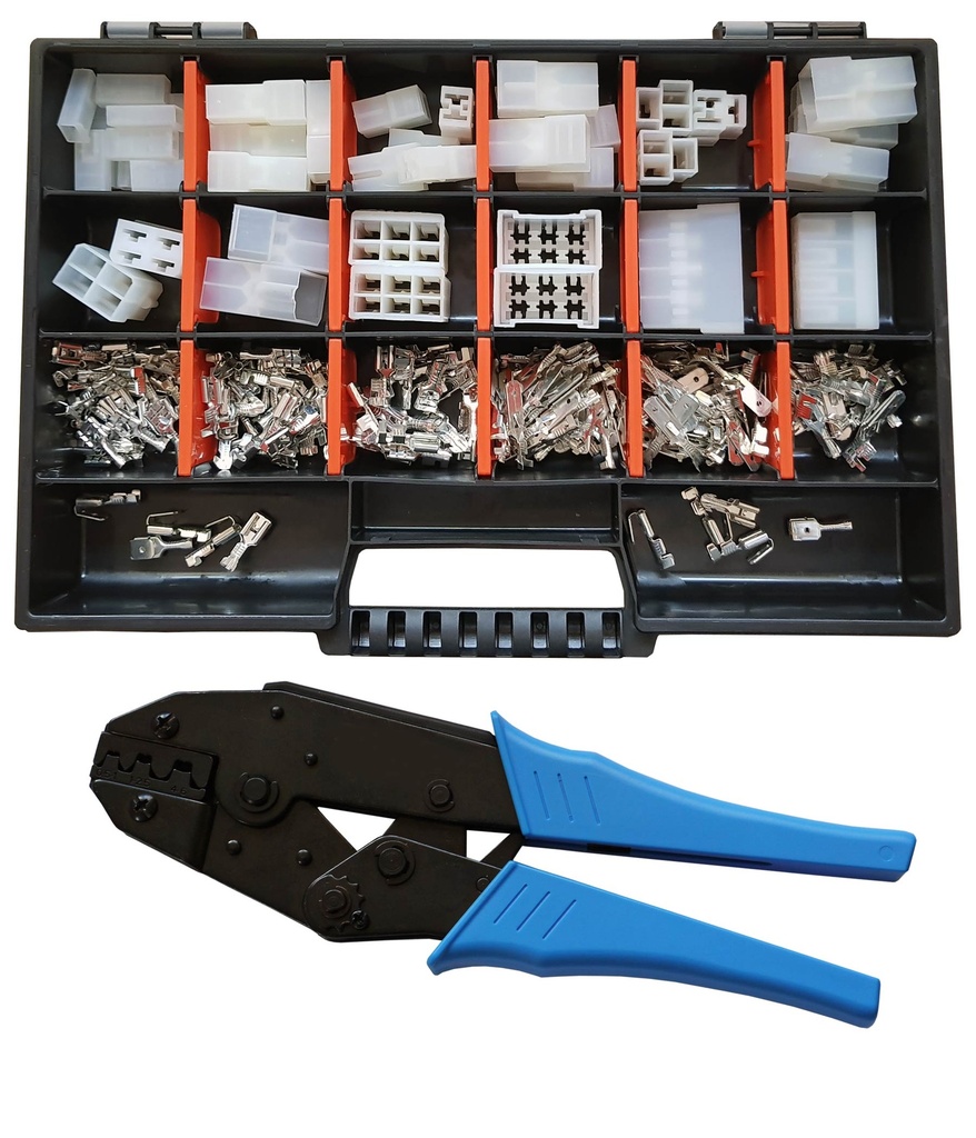 [33-0999-SK] Set Gehäuse Flachsteckhülsen/Flachstecker 6,3x0,8 Crimpzange 215 Teile