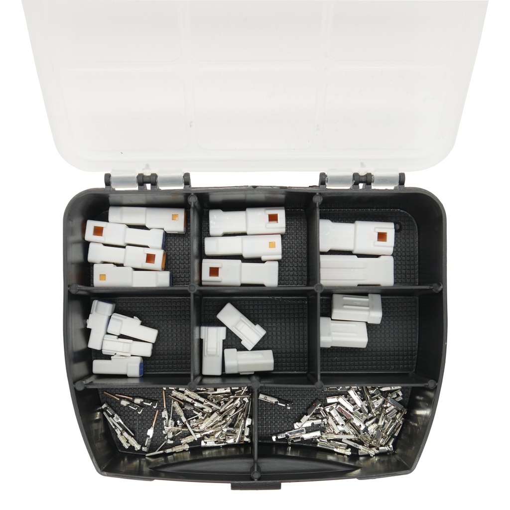 [33-1146] JWPF Sortiment mit 2-pol. bis 4-pol. Steckverbindern (Stift- und Buchsengehäuse) und passenden Crimp Kontakten