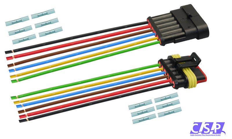[33-0136] Superseal Set 6-polig konfektioniertes Stift- und Buchsengehäuse, 250mm, Leitung H07V-K 1,50mm², Schrumpfverbinder