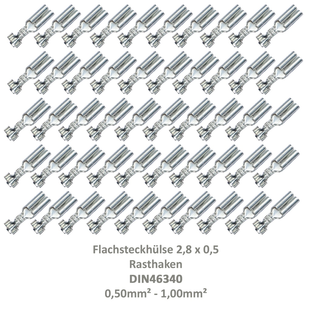 [33-0921-50] 50 Flachsteckhülse 2,8x0,5 Kabelschuh unisoliert 0,50²-1,00² Rasthaken/Rastzunge