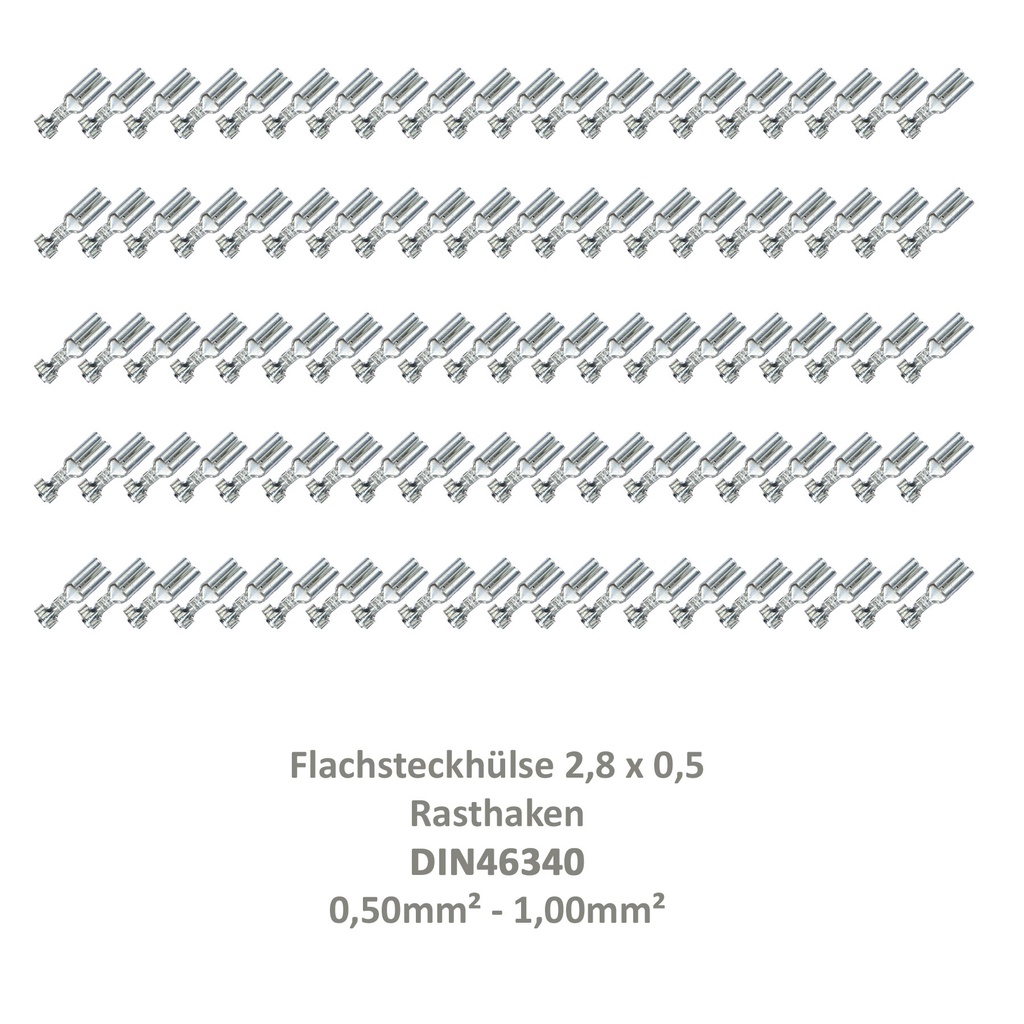 [33-0921-100] 100 Flachsteckhülse 2,8x0,5 Kabelschuh unisoliert 0,50²-1,0² Rasthaken/Rastzunge