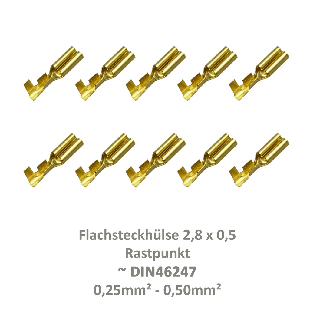 [33-0922-10] 10 Flachsteckhülse 2,8x0,5 Kabelschuh unisoliert 0,25²-0,50² Rastpunkt Fahrrad