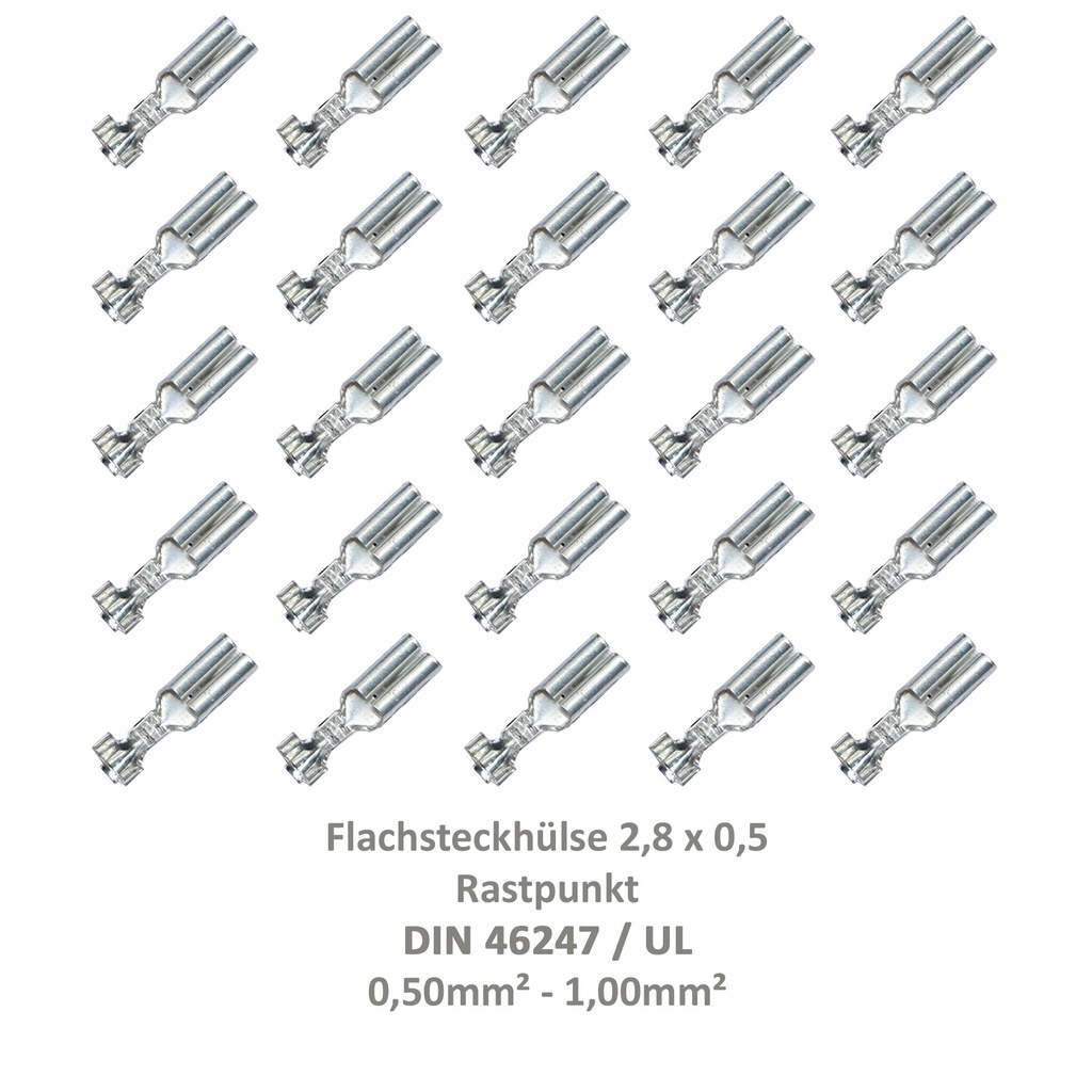 [33-0923-25] 25 Flachsteckhülse 2,8x0,5 Kabelschuh unisoliert 0,50²-1,00² Rastpunkt DIN / UL