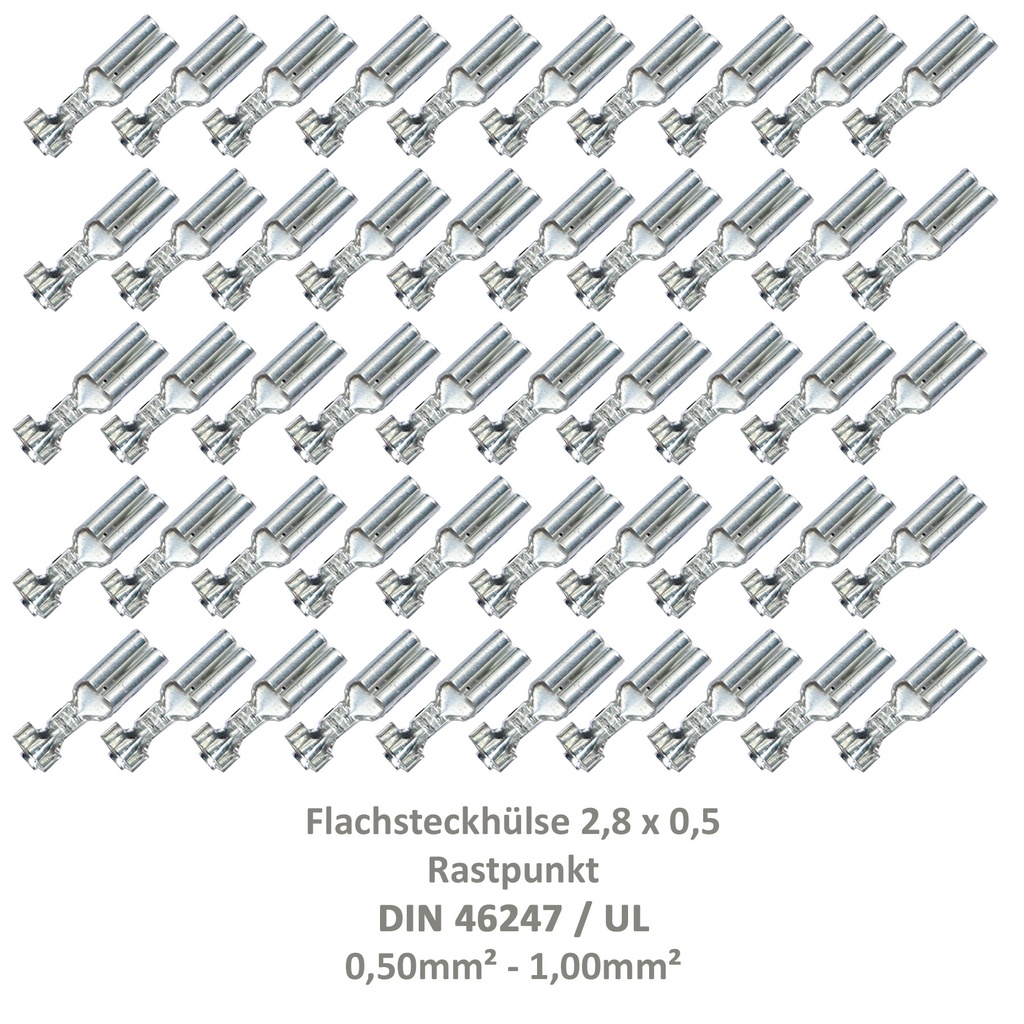 [33-0923-50] 50 Flachsteckhülse 2,8x0,5 Kabelschuh unisoliert 0,50²-1,00² Rastpunkt DIN / UL