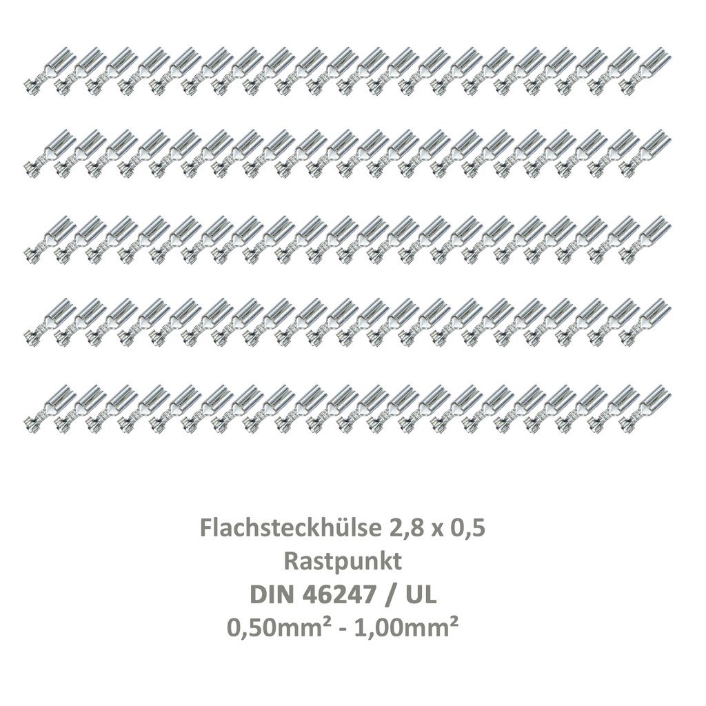 [33-0923-100] 100 Flachsteckhülse 2,8x0,5 Kabelschuh unisoliert 0,50²-1,00² Rastpunkt DIN / UL