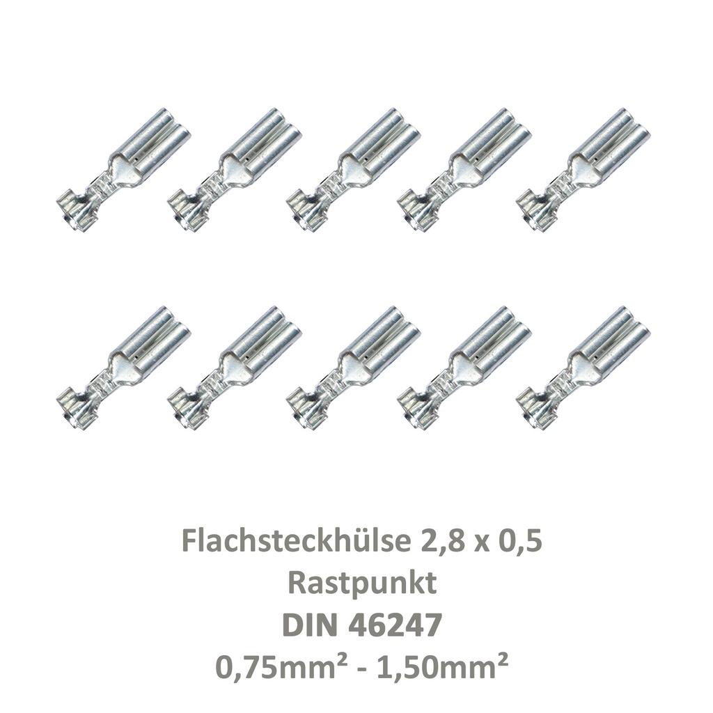 [33-0924-10] 10 Flachsteckhülse 2,8x0,5 Kabelschuh unisoliert 0,75²-1,50² Rastpunkt DIN 46247