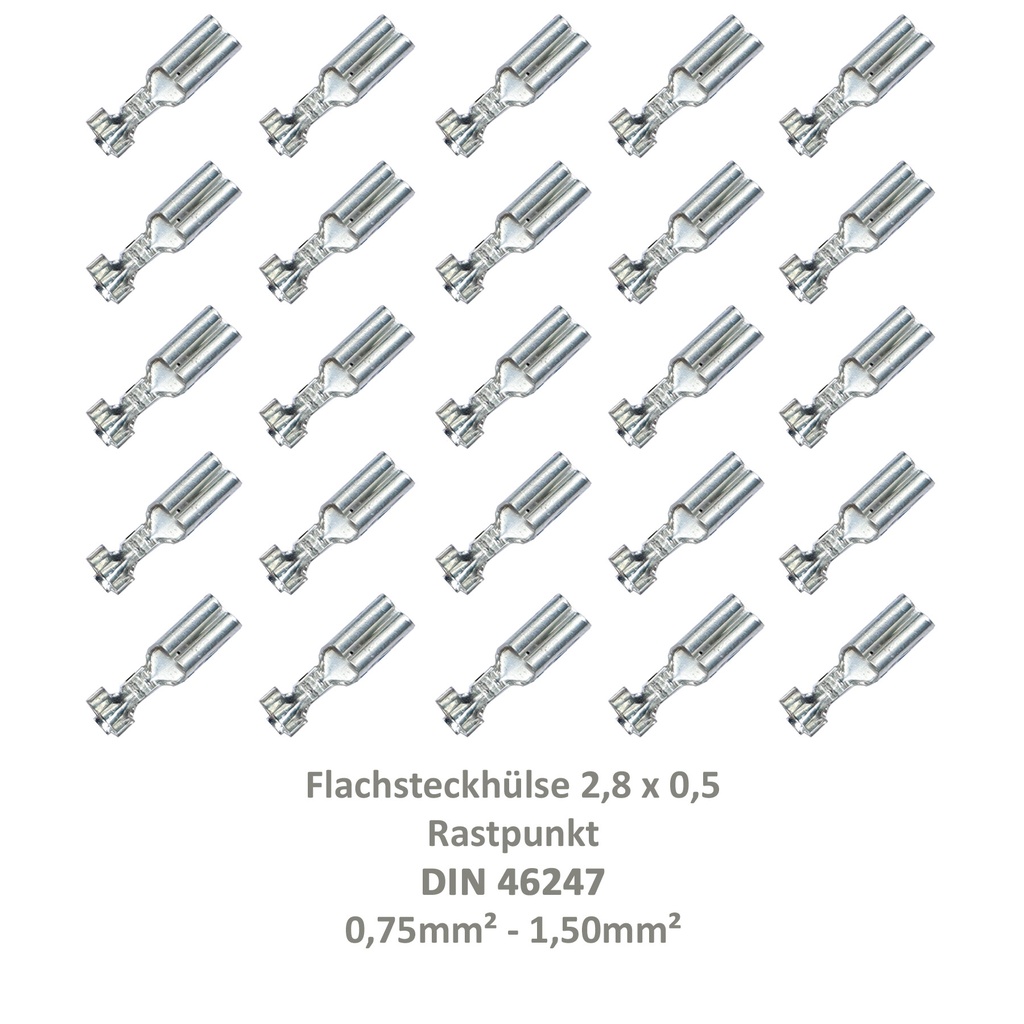 [33-0924-25] 25 Flachsteckhülse 2,8x0,5 Kabelschuh unisoliert 0,75²-1,50² Rastpunkt DIN 46247