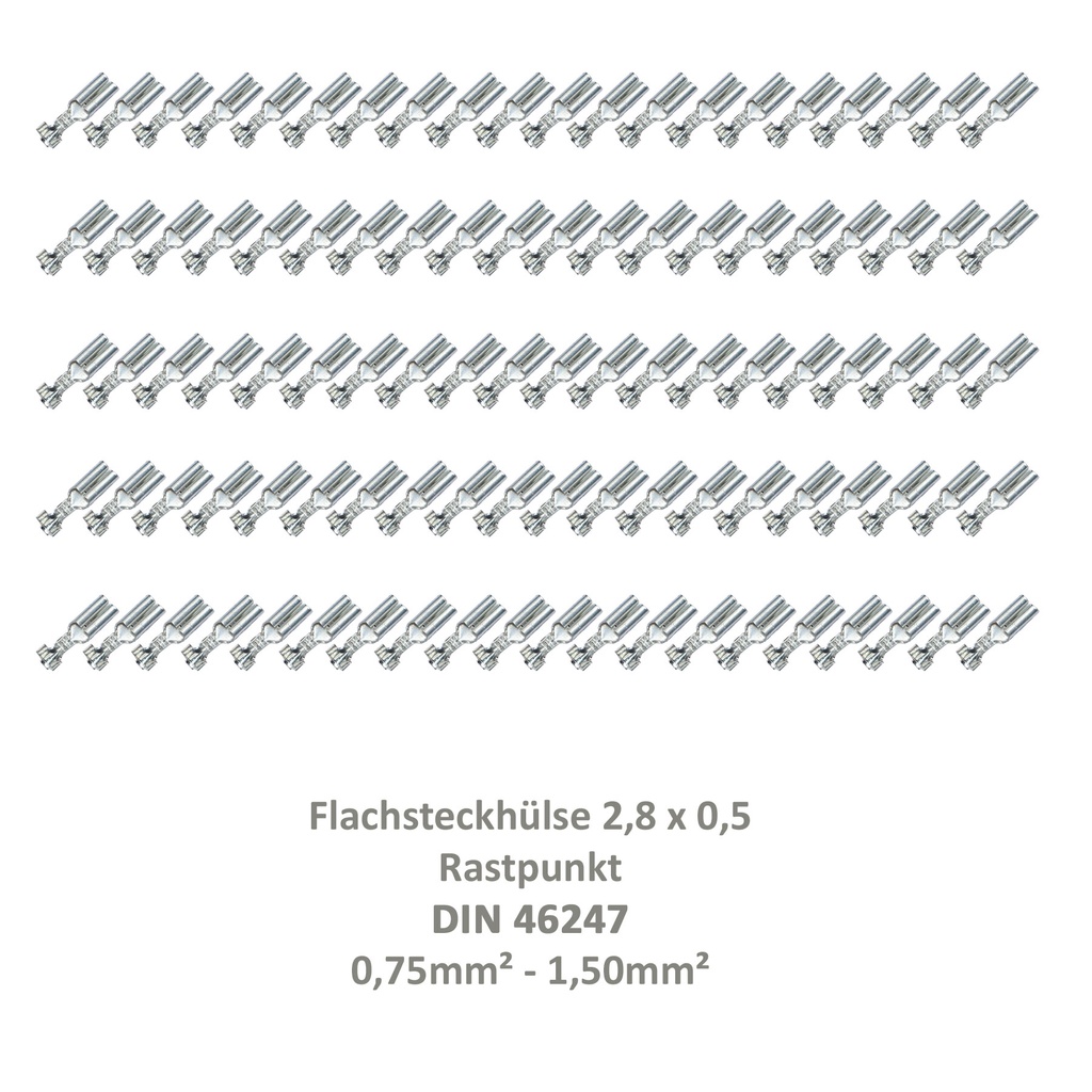 [33-0924-100] 100 Flachsteckhülse 2,8x0,5 Kabelschuh unisoliert 0,75²-1,50² Rastpunkt DIN 46247