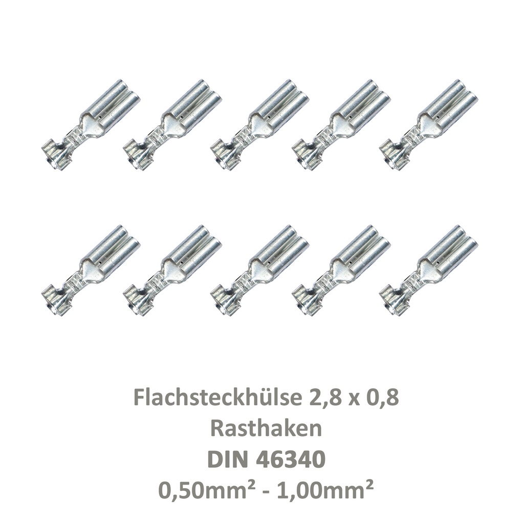 [33-0925-10] 10 Flachsteckhülse 2,8x0,8 Kabelschuh unisoliert 0,50²-1,00² Rasthaken DIN 46340