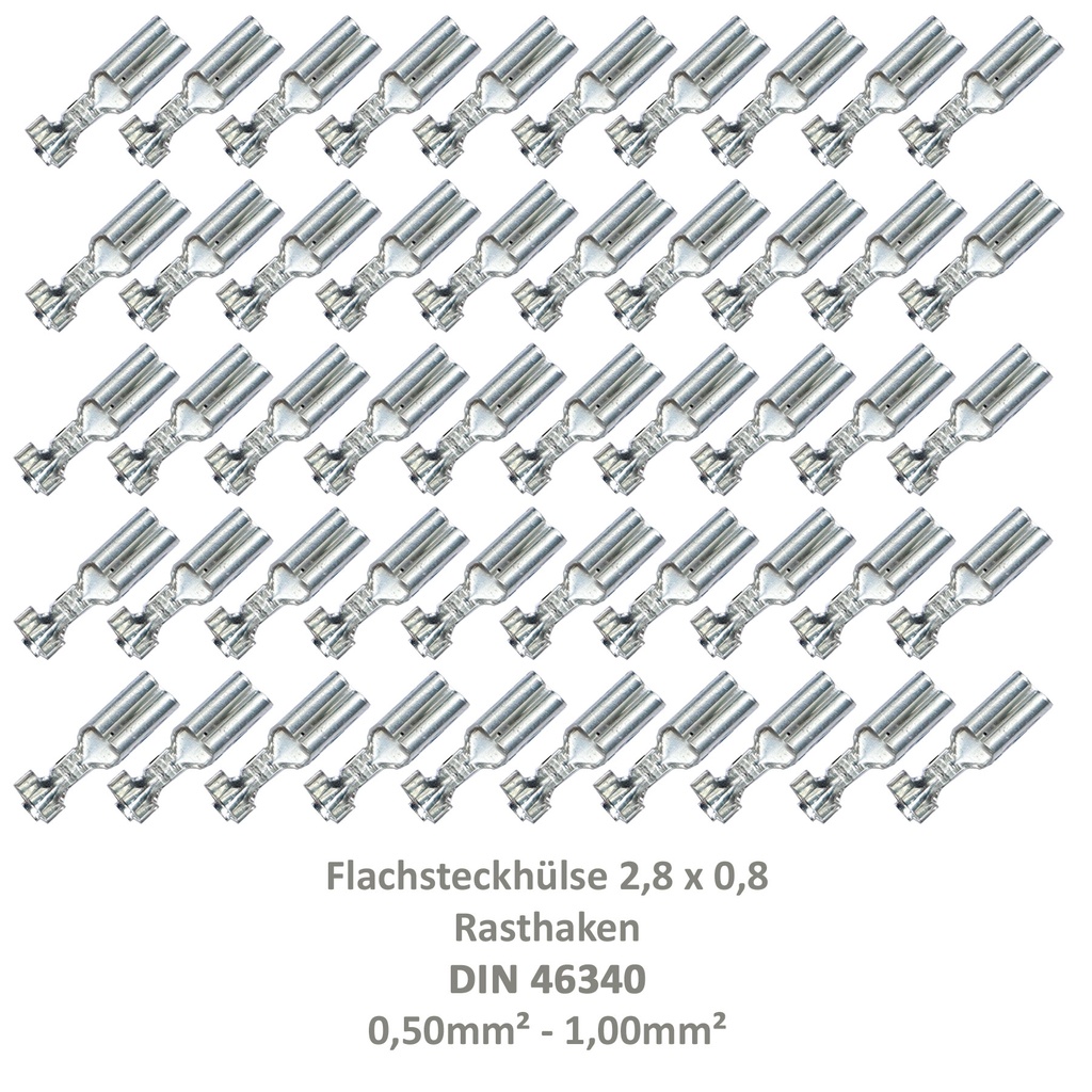 [33-0925-50] 50 Flachsteckhülse 2,8x0,8 Kabelschuh unisoliert 0,50²-1,00² Rasthaken DIN 46340