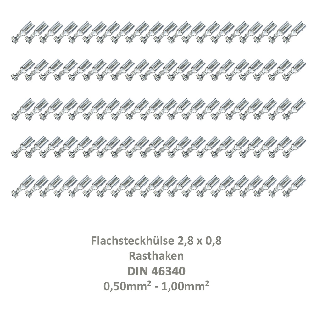 [33-0925-100] 100 Flachsteckhülse 2,8x0,8 Kabelschuh unisoliert 0,50²-1,0² Rasthaken DIN 46340