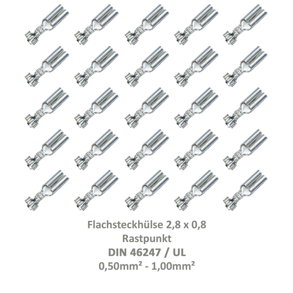 [33-0926-25] 25 Flachsteckhülse 2,8x0,8 Kabelschuh unisoliert 0,50²-1,00² Rastpunkt DIN / UL