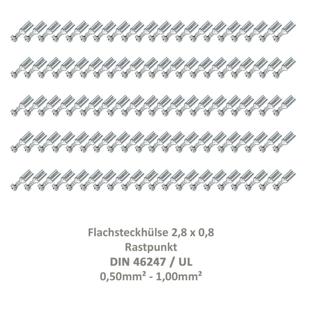 [33-0926-100] 100 Flachsteckhülse 2,8x0,8 Kabelschuh unisoliert 0,50²-1,00² Rastpunkt DIN / UL