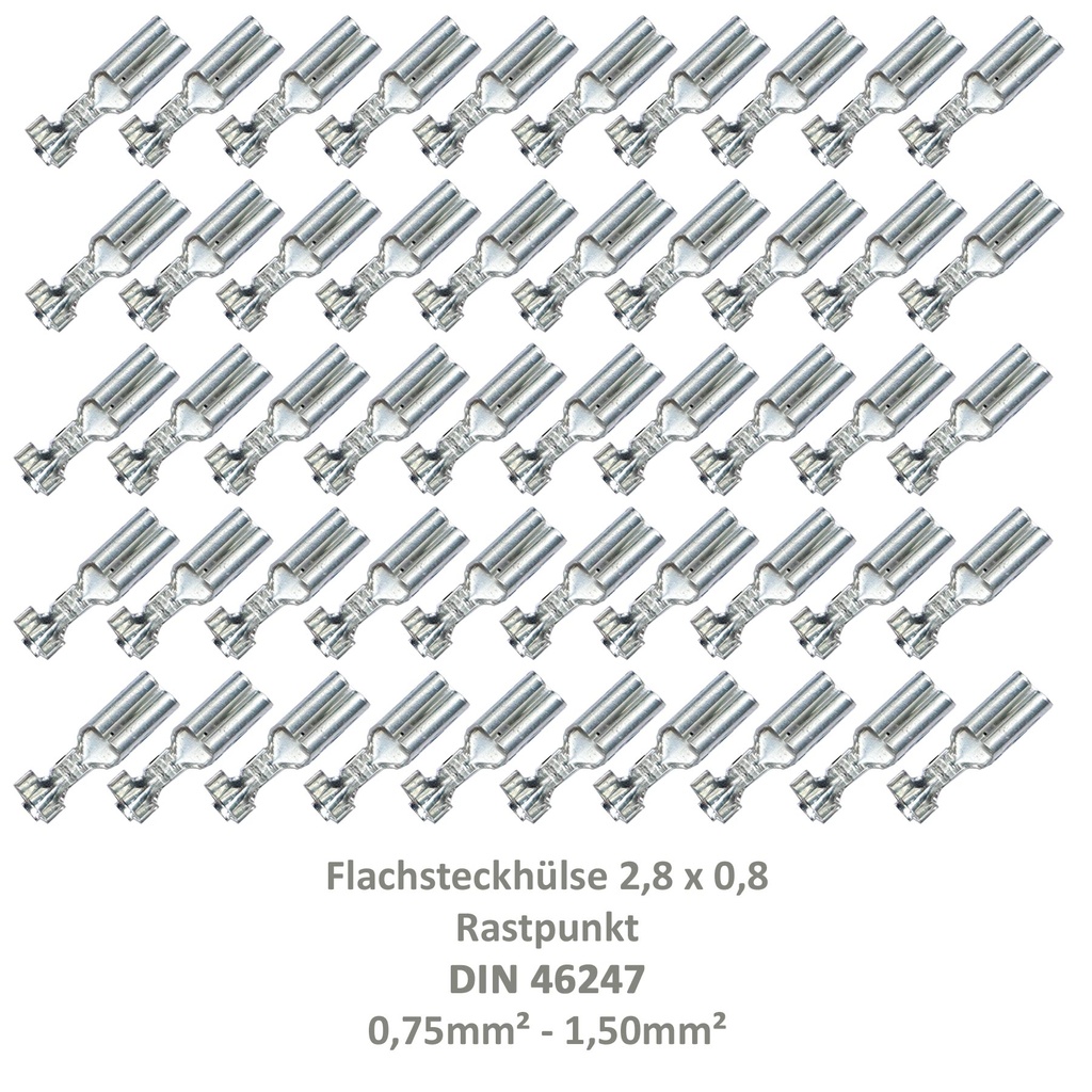 [33-0927-50] 50 Flachsteckhülse 2,8x0,8 Kabelschuh unisoliert 0,75²-1,50² Rastpunkt DIN 46247