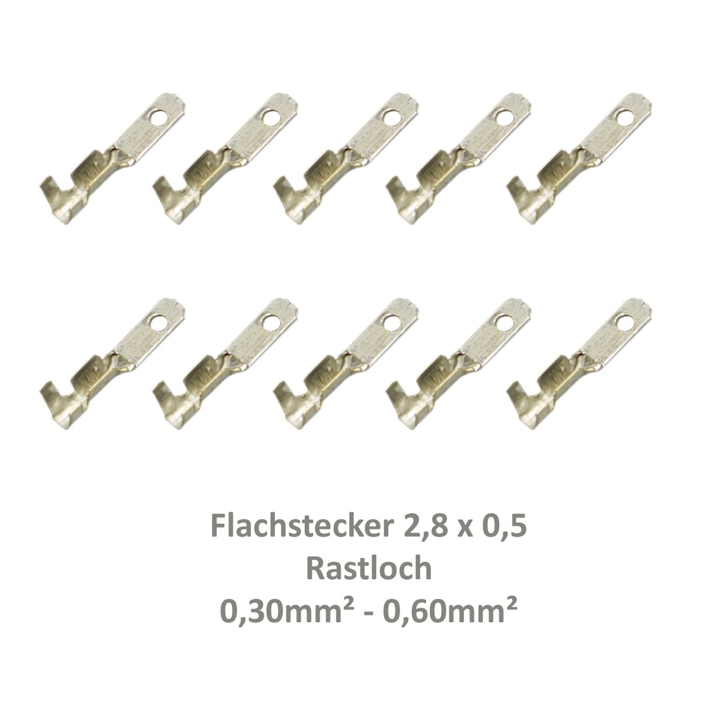 [33-0930-10] 10 Flachstecker 2,8x0,5 Kabelschuh z.B. Fahrradbeleuchtung 0,30²-0,60² Rastloch
