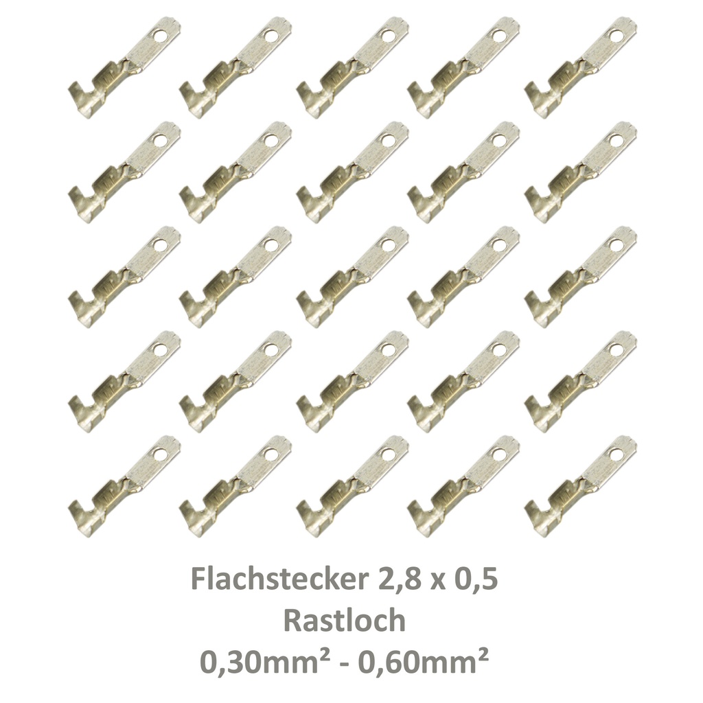 [33-0930-25] 25 Flachstecker 2,8x0,5 Kabelschuh z.B. Fahrradbeleuchtung 0,30²-0,60² Rastloch