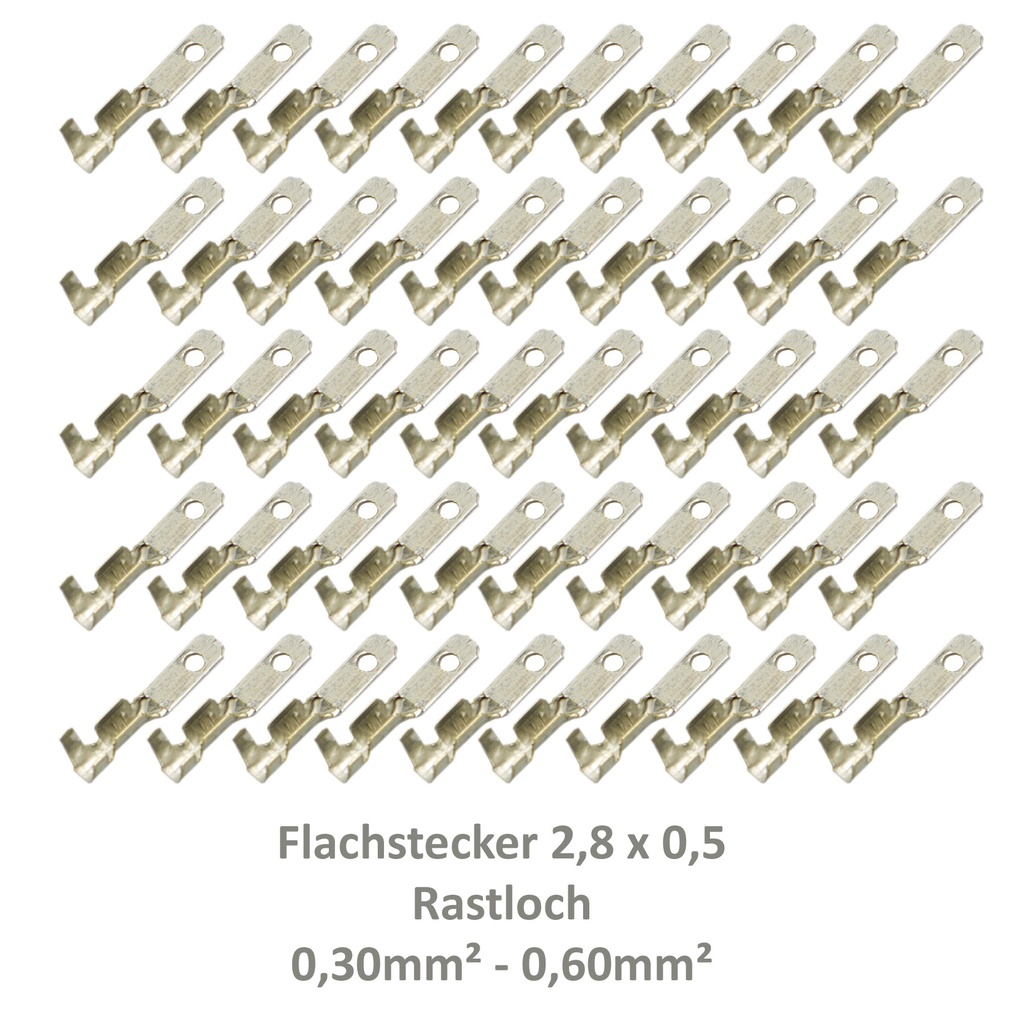 [33-0930-50] 50 Flachstecker 2,8x0,5 Kabelschuh z.B. Fahrradbeleuchtung 0,30²-0,60² Rastloch