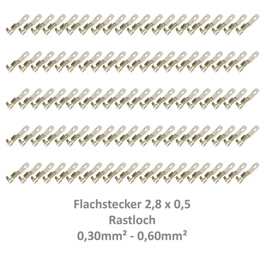 [33-0930-100] 100 Flachstecker 2,8x0,5 Kabelschuh z.B. Fahrradbeleuchtung 0,30²-0,60² Rastloch