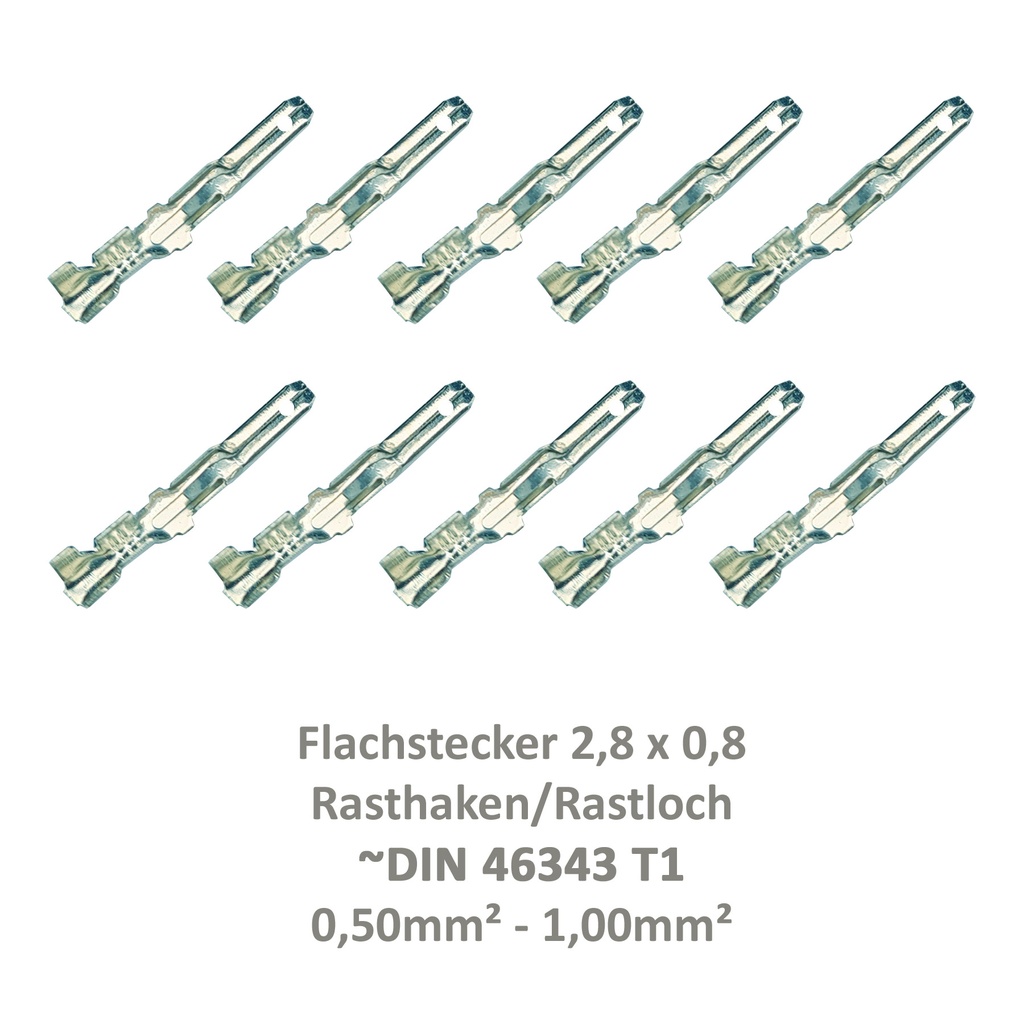 [33-0931-10] 10 Flachstecker 2,8x0,8 Kabelschuh unisoliert 0,50²-1,00² Rasthaken Rastloch DIN