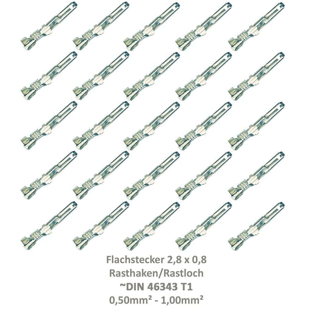 [33-0931-25] 25 Flachstecker 2,8x0,8 Kabelschuh unisoliert 0,50²-1,00² Rasthaken Rastloch DIN
