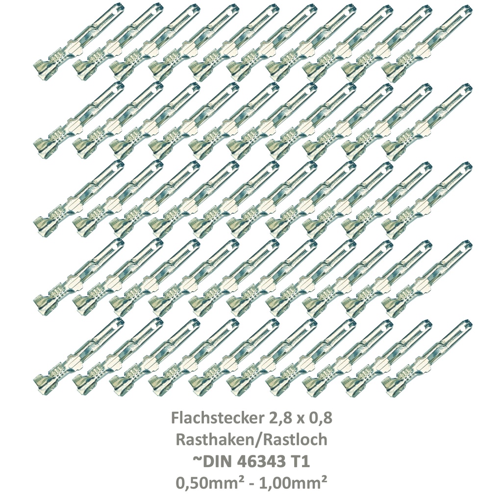 [33-0931-50] 50 Flachstecker 2,8x0,8 Kabelschuh unisoliert 0,50²-1,00² Rasthaken Rastloch DIN