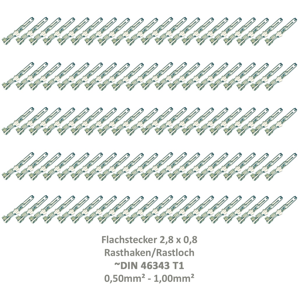 [33-0931-100] 100 Flachstecker 2,8x0,8 Kabelschuh unisoliert 0,50²-1,00² Rasthaken Rastloch DIN