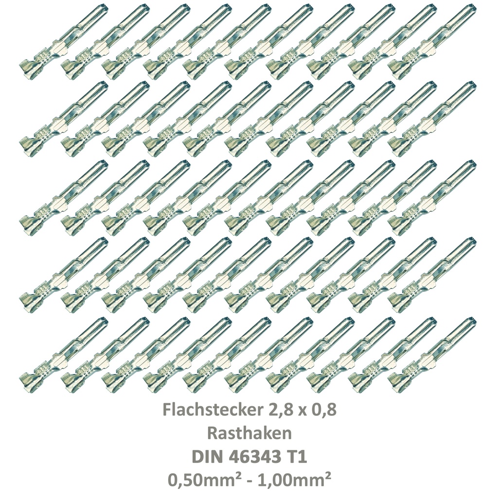 [33-0932-50] 50 Flachstecker 2,8x0,8 Kabelschuh unisoliert 0,50²-1,00² Rasthaken DIN 46343 T1