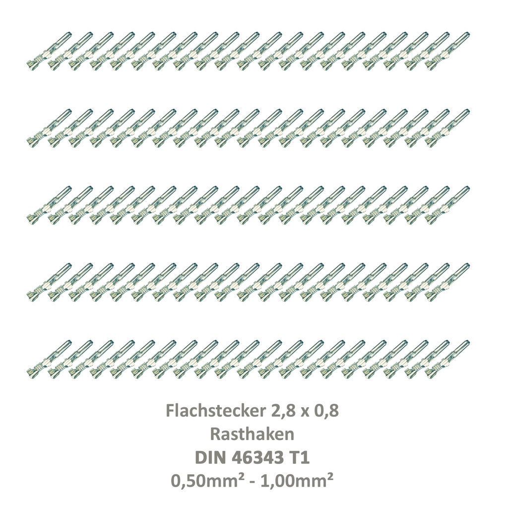 [33-0932-100] 100 Flachstecker 2,8x0,8 Kabelschuh unisoliert 0,50²-1,00² Rasthaken DIN 46343 T1