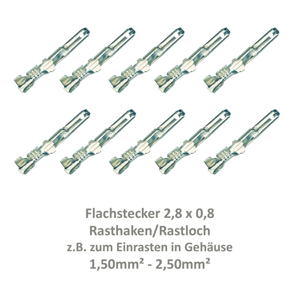 [33-0933-10] 10 Flachstecker 2,8x0,8 Kabelschuh unisoliert 1,50²-2,50² Rasthaken Rastloch 