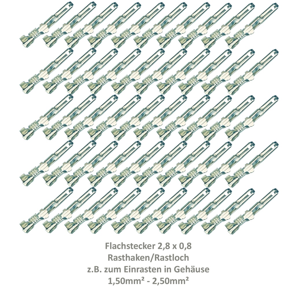 [33-0933-50] 50 Flachstecker 2,8x0,8 Kabelschuh unisoliert 1,50²-2,50² Rasthaken Rastloch 