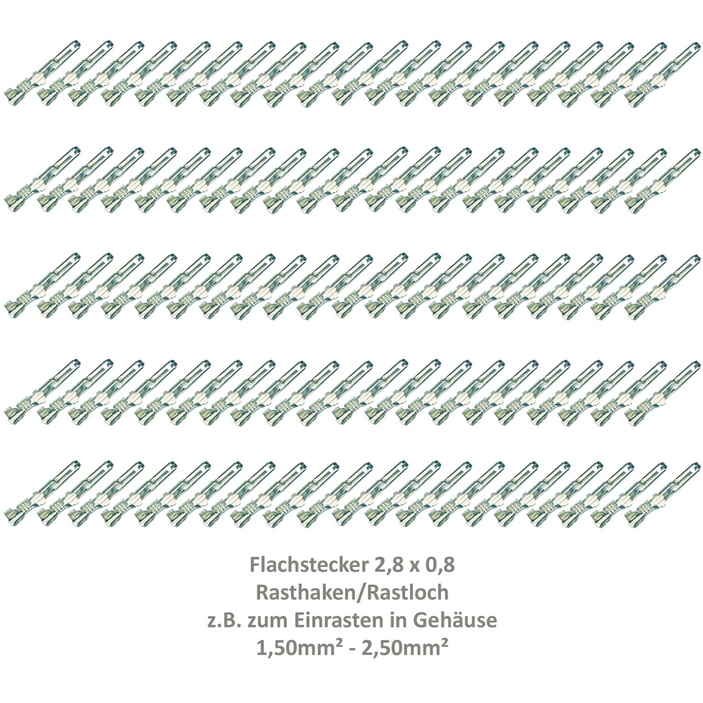 [33-0933-100] 100 Flachstecker 2,8x0,8 Kabelschuh unisoliert 1,50²-2,50² Rasthaken Rastloch 