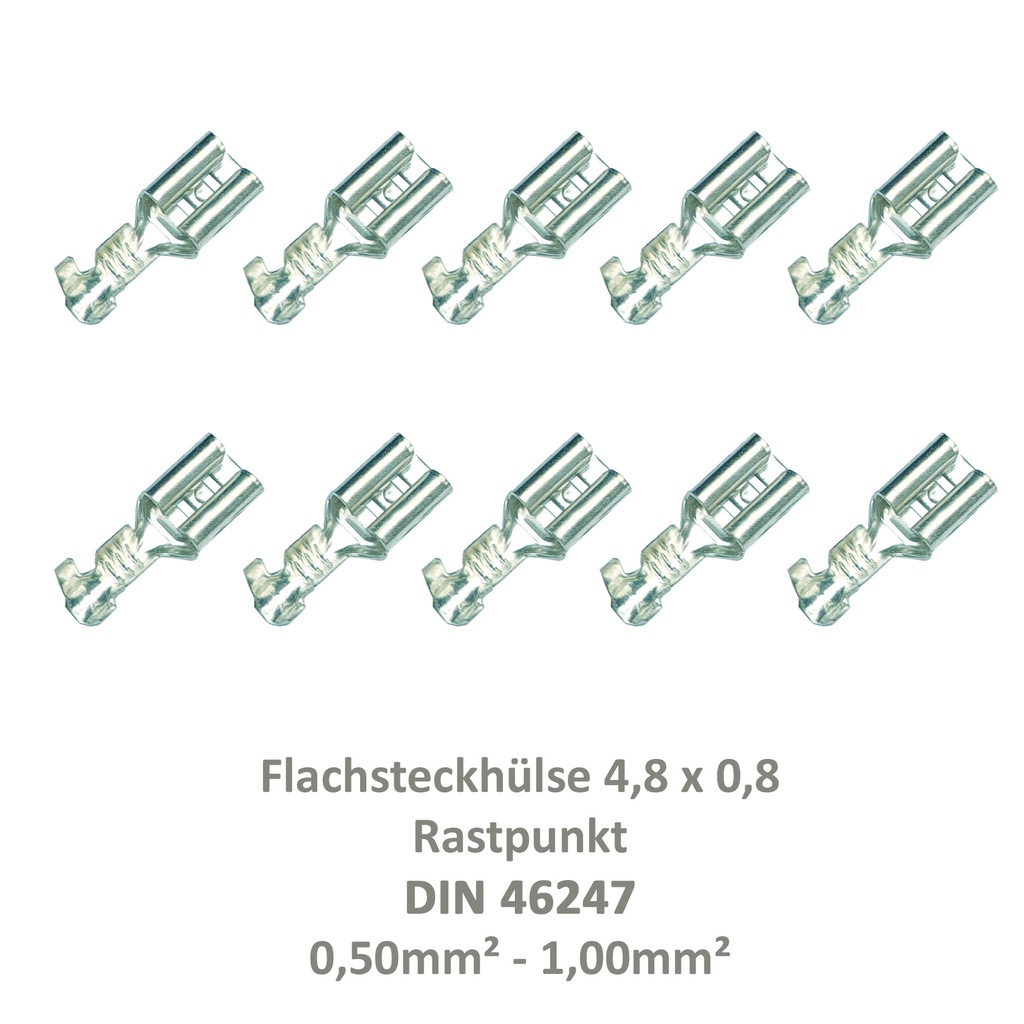 [33-0934-10] 10 Flachsteckhülse 4,8x0,8 Kabelschuh unisoliert 0,50² - 1,00²  Rastpunkt DIN 46247