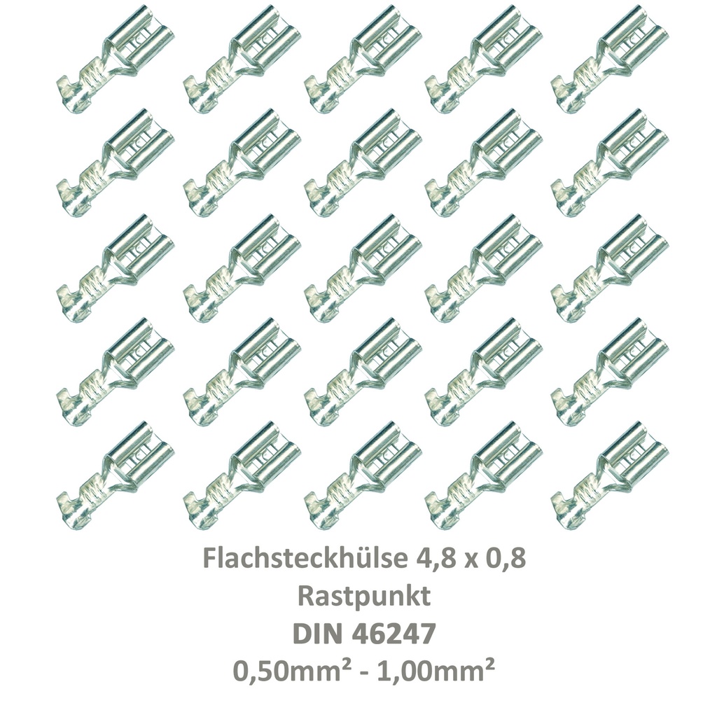 [33-0934-25] 25 Flachsteckhülse 4,8x0,8 Kabelschuh unisoliert 0,50² - 1,00²  Rastpunkt DIN 46247