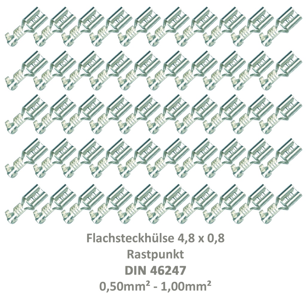 [33-0934-50] 50 Flachsteckhülse 4,8x0,8 Kabelschuh unisoliert 0,50² - 1,00²  Rastpunkt DIN 46247