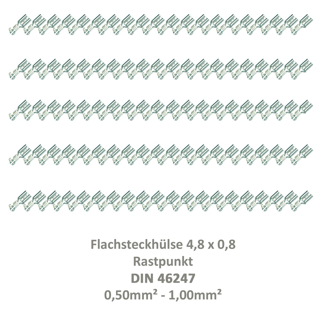 [33-0934-100] 100 Flachsteckhülse 4,8x0,8 Kabelschuh unisoliert 0,50² - 1,00²  Rastpunkt DIN 46247