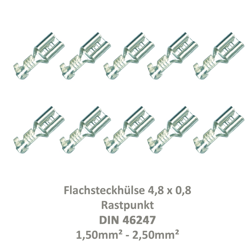 [33-0935-10] 10 Flachsteckhülse 4,8x0,8 Kabelschuh unisoliert 1,50² - 2,50²  Rastpunkt DIN 46247