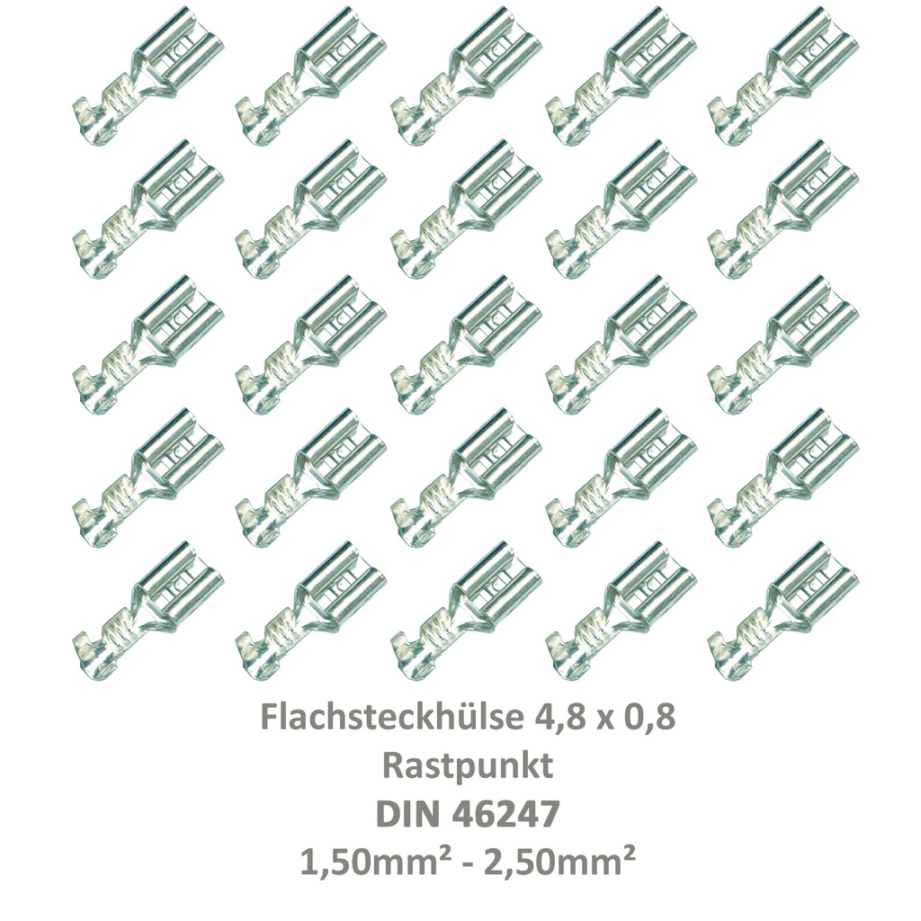 [33-0935-25] 25 Flachsteckhülse 4,8x0,8 Kabelschuh unisoliert 1,50² - 2,50²  Rastpunkt DIN 46247