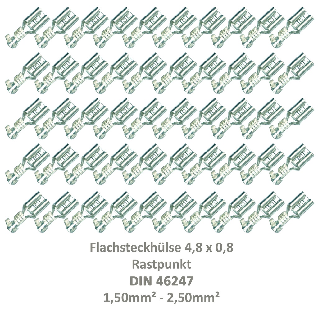 [33-0935-50] 50 Flachsteckhülse 4,8x0,8 Kabelschuh unisoliert 1,50² - 2,50²  Rastpunkt DIN 46247