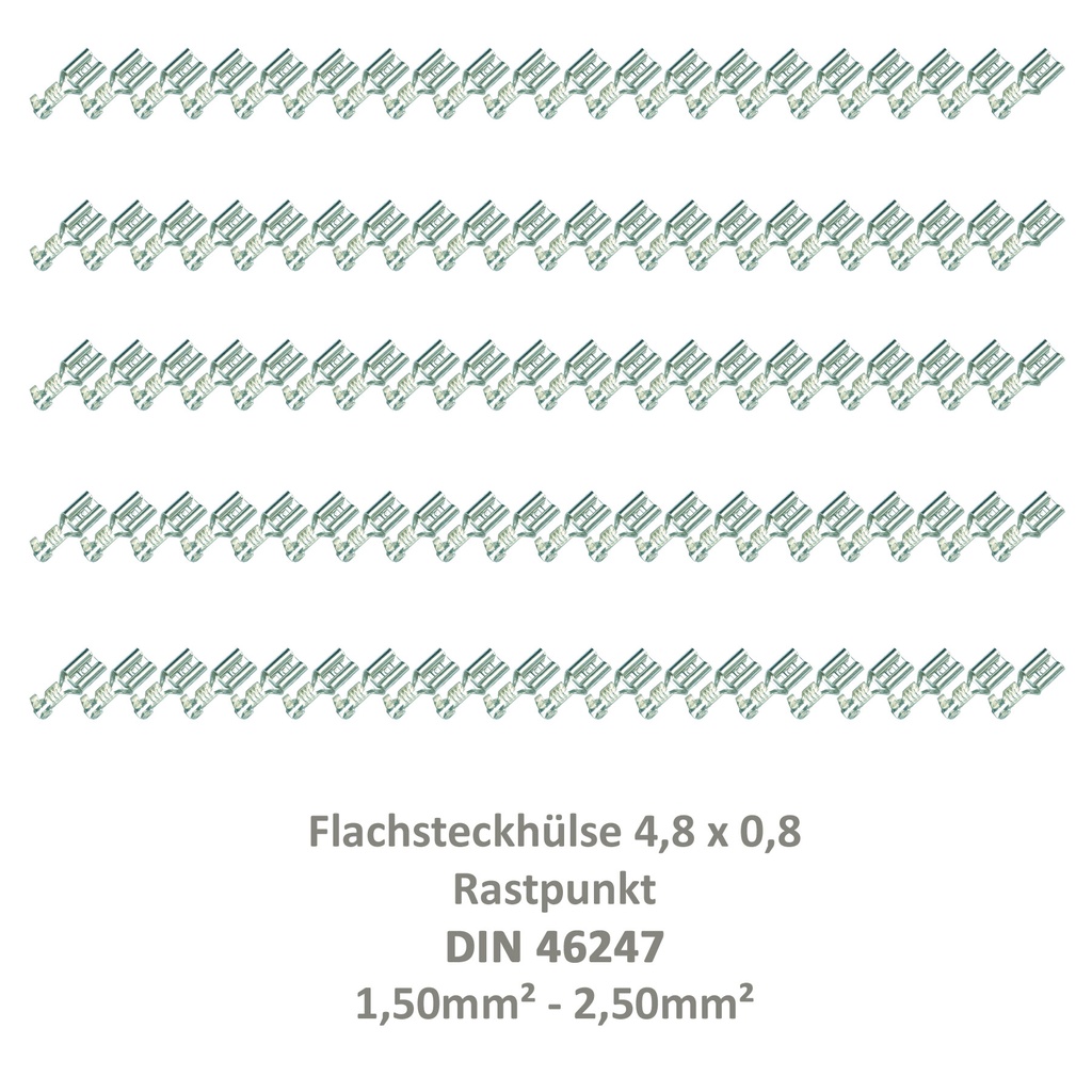 [33-0935-100] 100 Flachsteckhülse 4,8x0,8 Kabelschuh unisoliert 1,50² - 2,50²  Rastpunkt DIN 46247