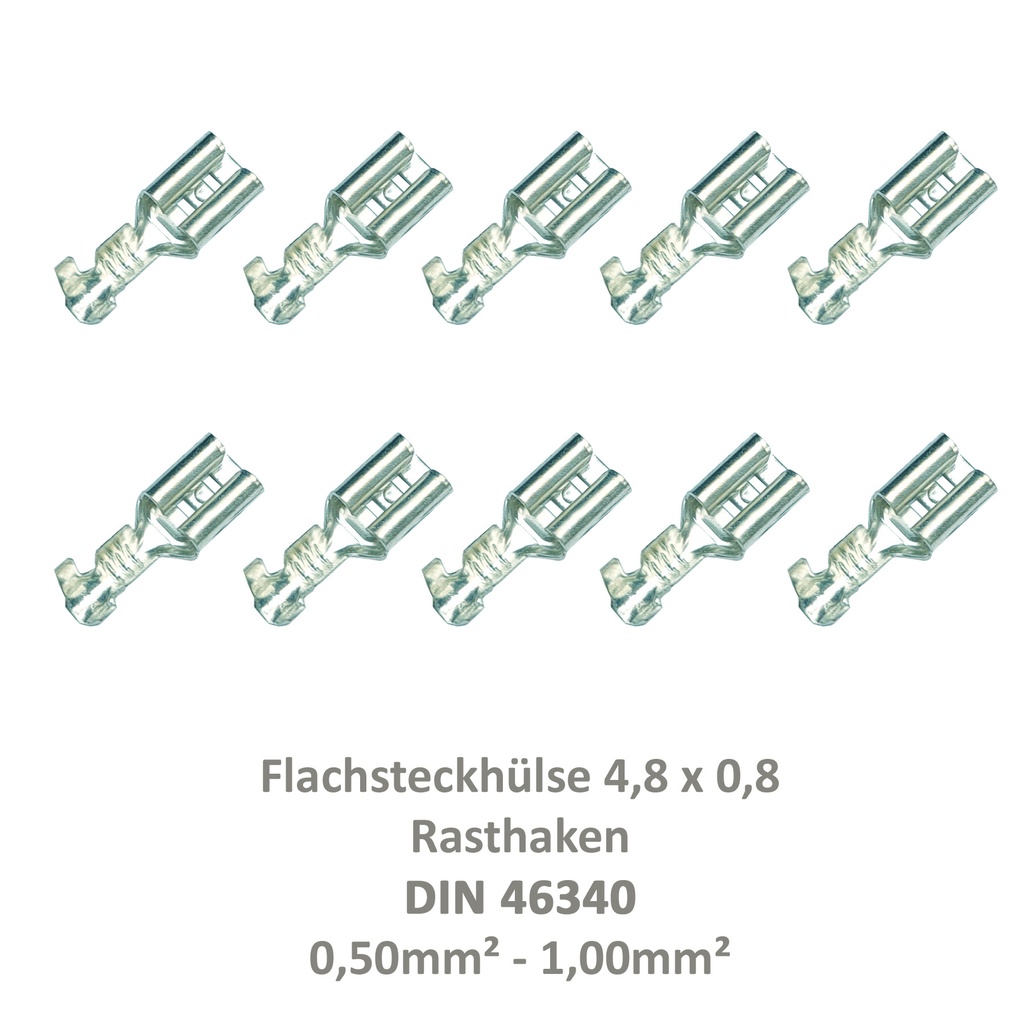 [33-0936-10] 10 Flachsteckhülse 4,8x0,8 Kabelschuh unisoliert 0,5²-1,0² Rasthaken/Rastzunge
