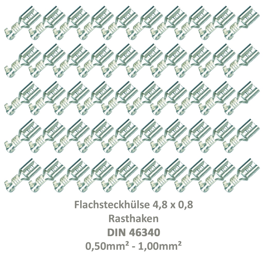[33-0936-50] 50 Flachsteckhülse 4,8x0,8 Kabelschuh unisoliert 0,5²-1,0² Rasthaken/Rastzunge