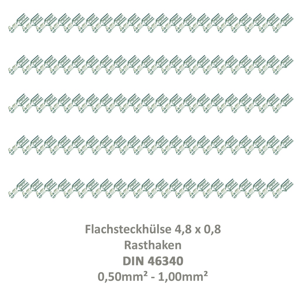 [33-0936-100] 100 Flachsteckhülse 4,8x0,8 Kabelschuh unisoliert 0,5²-1,0² Rasthaken/Rastzunge