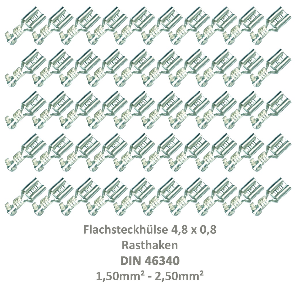 [33-0937-50] 50 Flachsteckhülse 4,8x0,8 Kabelschuh unisoliert 1,00²-2,50² Rasthaken/Rastpunkt