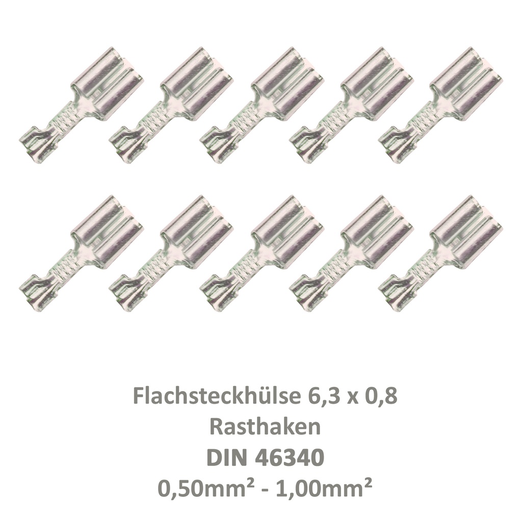 [33-0938-10] 10 Flachsteckhülse 6,3x0,8 Kabelschuh unisoliert 0,50²-1,00² Rasthaken/Rastzunge
